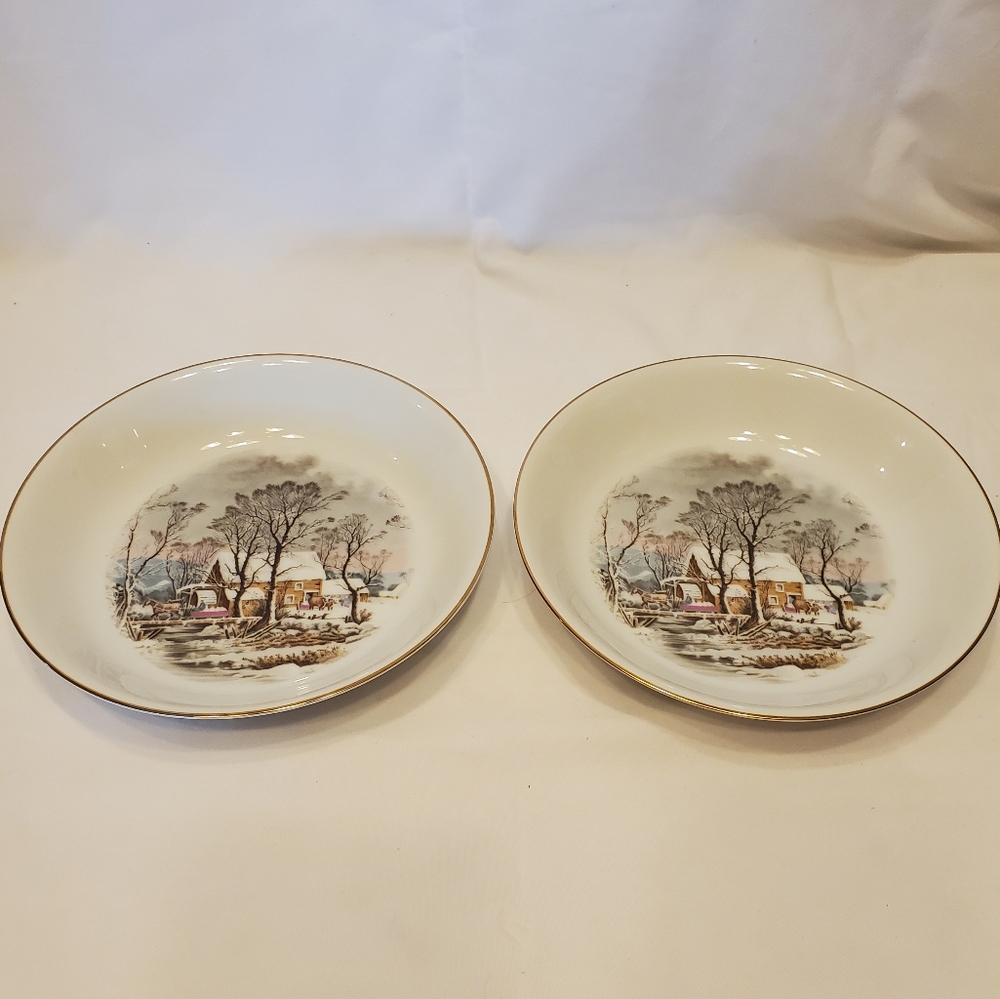 Avon Vintage 1981 Currier and Ives Type Winter Scene Salad/Soup Bowls, Set of 2